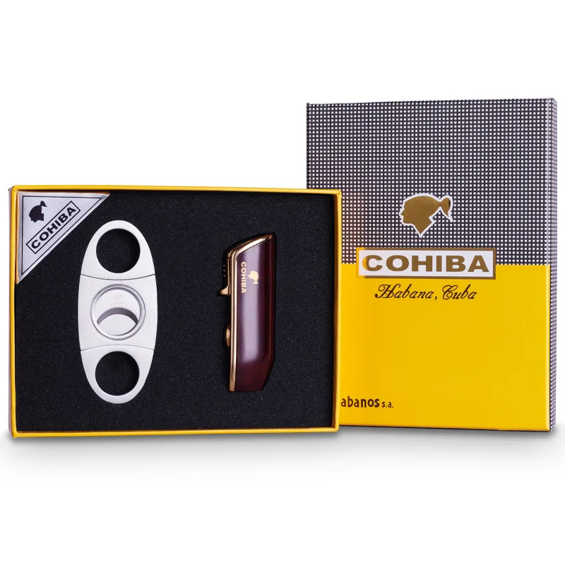 brown set COHIBA ветрозащитная 3 фонарь Jet Flame бутан Газовая металлическая зажигалка с сигары резак подарочный набор CL-TZ009a - Цвет: brown set