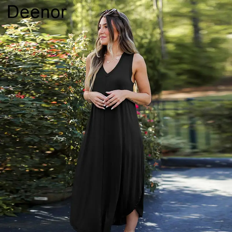 

Deenor Women's Dress Solid Casual V-neck Sleeveless Maxi Dress for Women Long Dress Lady Dresses Irregular Skirt