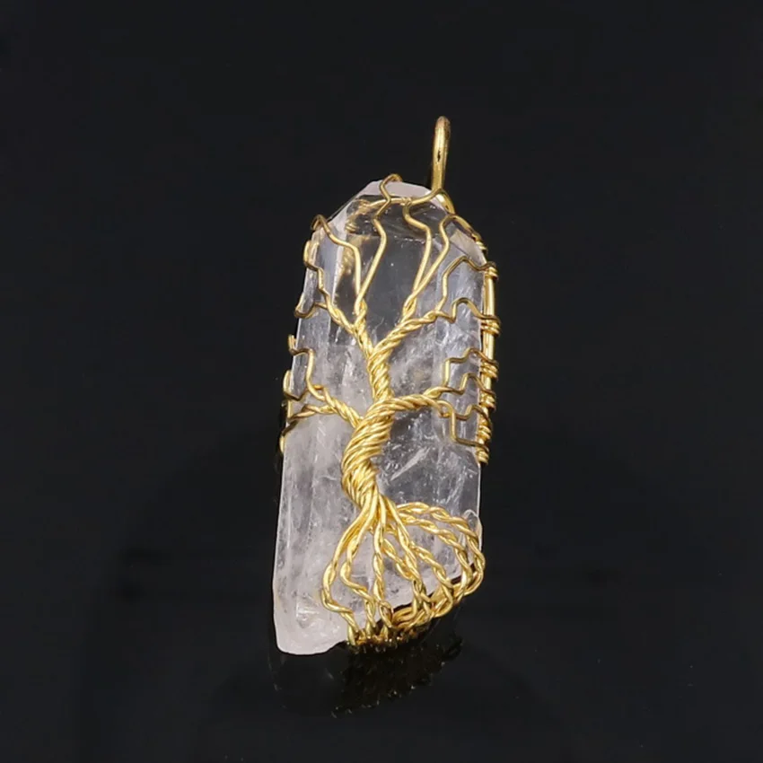 Natural Crystal Big Pendants Reiki Chakra Handmade Wire Wrapped Tree of Life Quartz Pendant for Necklace Healing Yoga jewelry - Окраска металла: 8Send Leather Chain