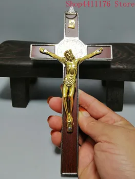 

Pure copper Wood Tibet Silver Western Christian Cross Jesus Mascot #5569