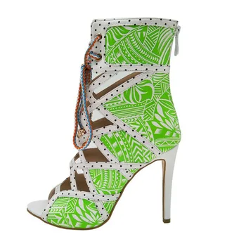 

Summer Peep toe Fresh Plants Printed Leather Sandals Boots Women Gladiator Geometric Cut out Botte High Heels Lace up Bottines