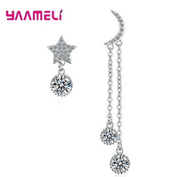 

100% Solid Real 925 Sterling Silver Crystal Inlay Paved Moon Star Asymmetric Stud Earrings for Women Girls Pendientes Brincos