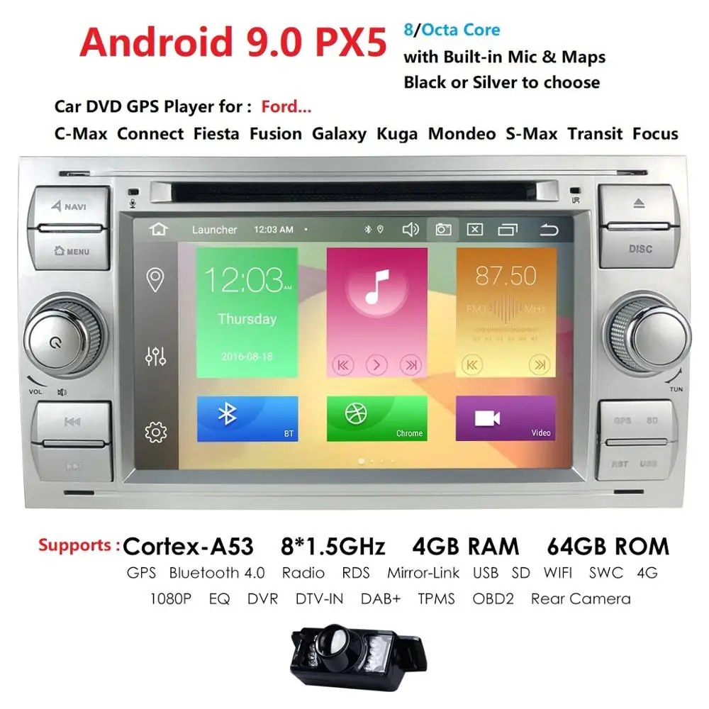 Автомобильный мультимедийный плеер Android 9 gps Авторадио 2 Din 7 дюймов для Ford/Mondeo/Focus/Transit/C-MAX/S-MAX/Fiesta 4 Гб ram 64 г rom DVD