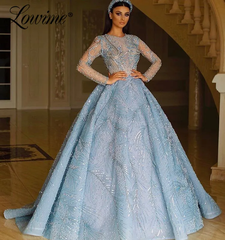 Dubaj modrá perly soumrak šaty islámské turecký ženy a-line večírek gowns arabská ples šaty dlouhé róba de soirée 2020 couture