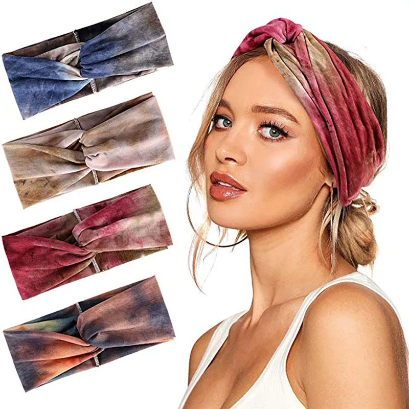 4PC Autumn Winter Headband Tie-dye Cross Hair Band Sports Running Headwrap Elastic Girls Accessories V6 | Аксессуары для одежды