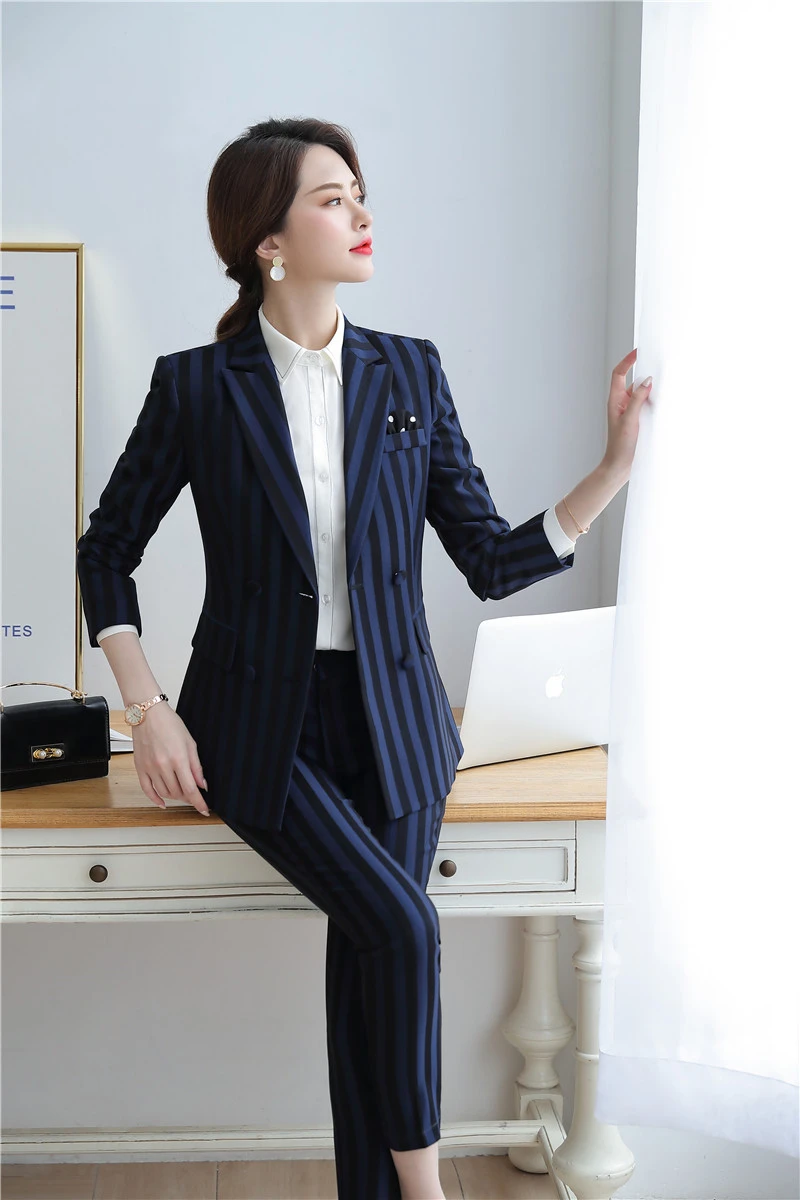 

Fashion Striped Formal Women Business Suits With Jackets and Pencil Pants OL Styles Ladies Office Blazers Pantsuits Plus Size