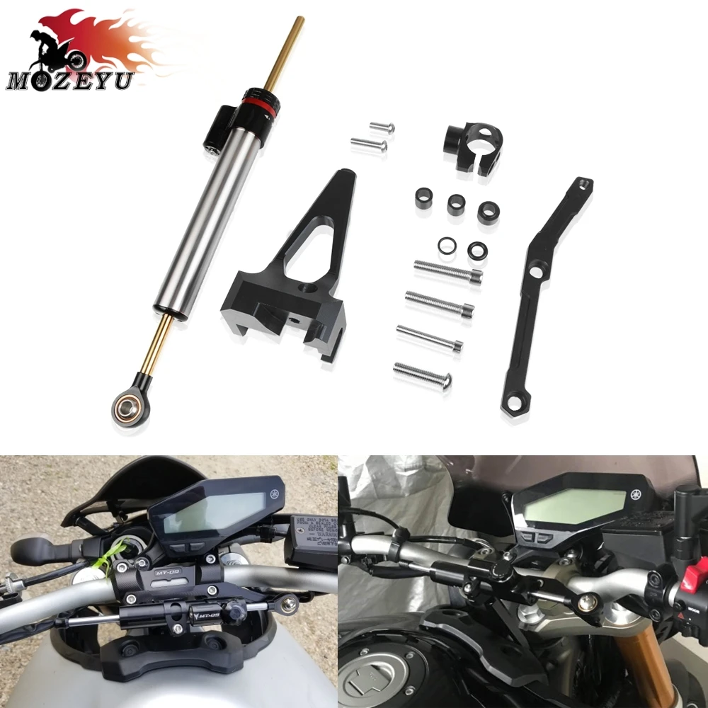 NICECNC Black Motorcycle Adjustable CNC Steering Stabilizer Damper & Mounting Bracket Set for MT09/MT-09 Street Rally FZ09 FZ-09 2014 2015 2016 