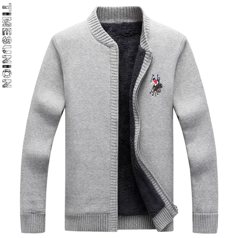 Сохраняющий тепло свитер мужской зимний теплый толстый бархатный свитер на молнии Повседневный Кардиган 3D вышивка мужские свитера узор трикотаж - Цвет: Серый