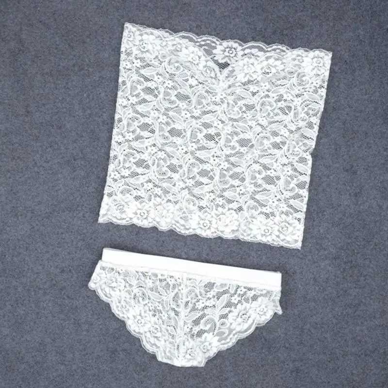 Tube Top Underwear Suit Women Sexy Lingerie Lace Transparent Floral Strapless Bra and Panty Set Hollow Out Seamless Bra Briefs