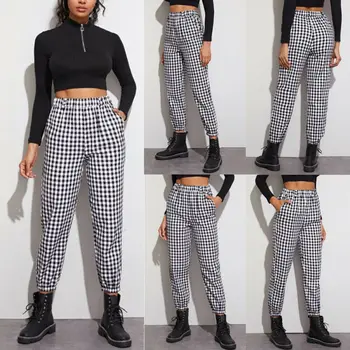 

Fashion Women Gingham Plaid Elastic Waist Joggers Sport Office Ladies Elegant Basic Classic Trousers Casual Pants