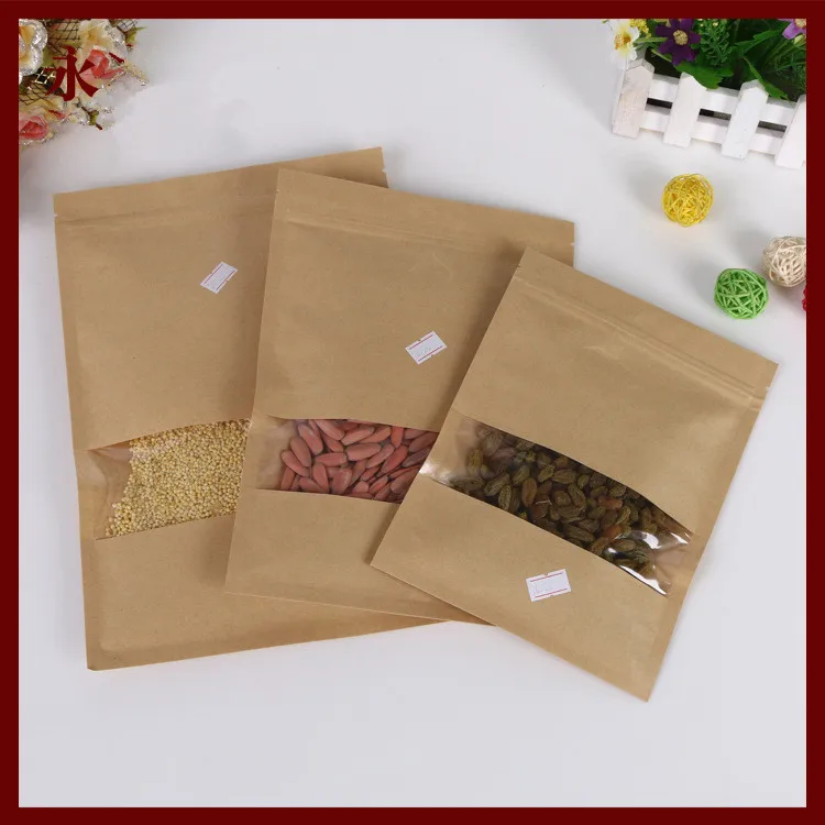 

20*30 30pcs brown self zip lock kraft paper bags with window for gifts sweets and candy food tea jewelry retail package paper
