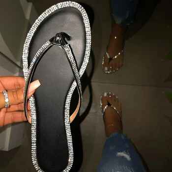 

2020 New Fashion Sexy Roman Rhinestone Summer Women Slippers PVC Flat Bottom Outdoor Women's Beach Slippers Female Flip Flops