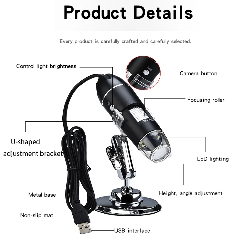 1000X HD Digital USB Microscope Handheld Portable Digital Microscope USB Interface Electron Microscopes with 8 LEDs with Bracket 2