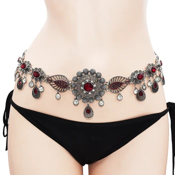 

New Product Trend Alloy Red Rhinestone Waist Chain Flower Water Drop Pendant Belly Dance Accessories Body Chain Waist Chain