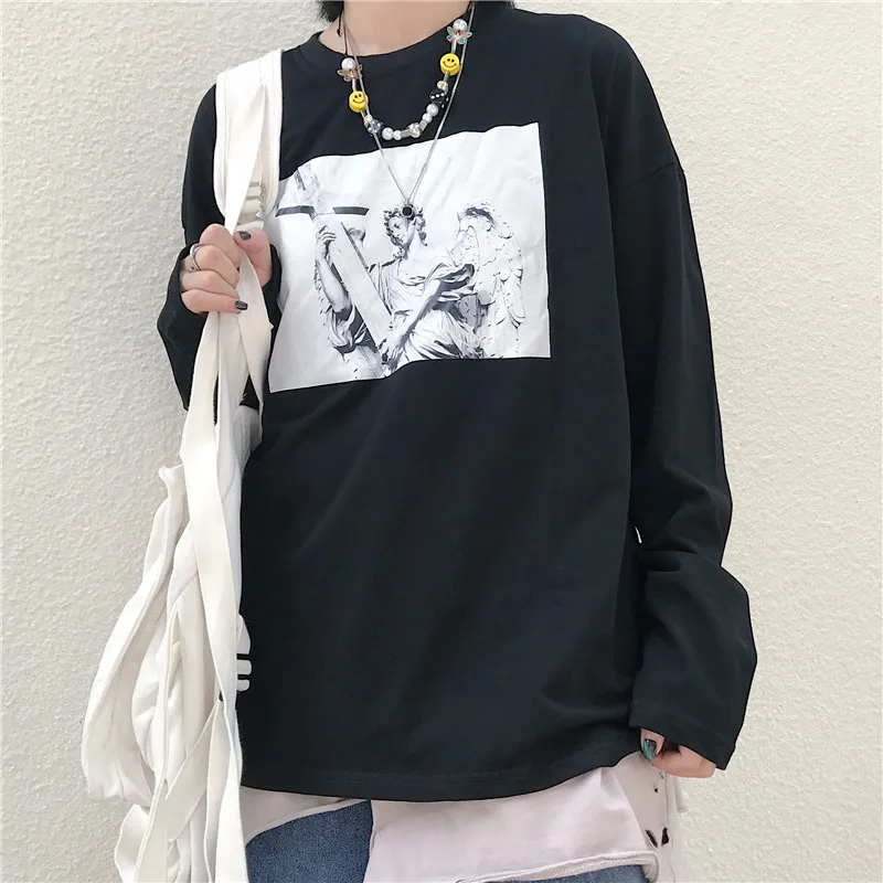 Lychee Harajuku женская футболка с принтом темной Статуя Ангела Осенняя женская футболка с круглым вырезом футболки свободные женские футболки
