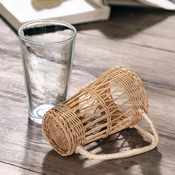 

1pc Pastoral Style Rattan Cup Sleeve Bottle Sleeve Heat-Resistant Rattan Weaving With Handle Anti-Scald Cup Cover