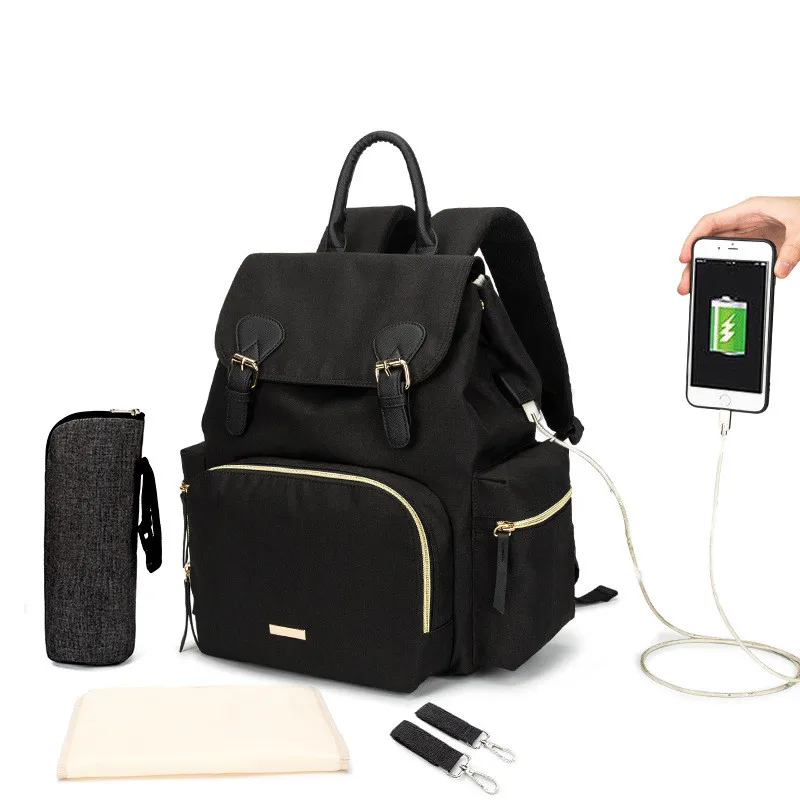 Soild Nylon Baby Diaper Bag With USB Waterproof Women's Backpack Kid's Stroller Supplies Casual Outdoor Bolsa Maternidade | Мать и