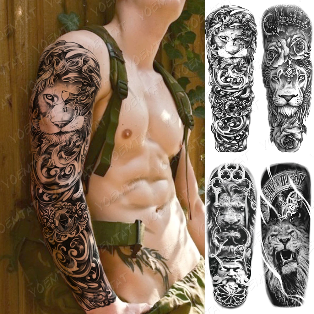 Prix Tatouage Bras Complet Homme Tatouage temporaire bras complet, autocollant, horloge Lion, Rose, fleur  Flash, tatouages, homme Tribal, Art corporel, fausse manche, femme |  AliExpress