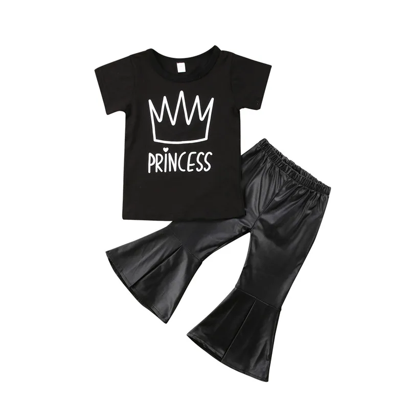 

2019 Newly Toddler Baby Girls Fashion Summer Set Short Sleeve Letter Black T-Shirts Tops Leather Flare Pants 2PCS Outfit Clothes