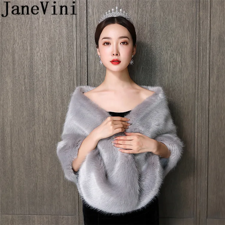 JaneVini 2019 серый мех Свадебная накидка для женщин Болеро Femme зимнее свадебное платье