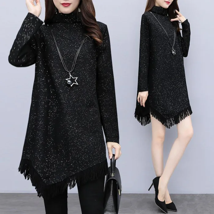 

Large Size Dress Fat Mm Plus-sized Slimming Star High Collar Long Sleeve Irregular Tassels Short-height Cover Hip Dress Autumn