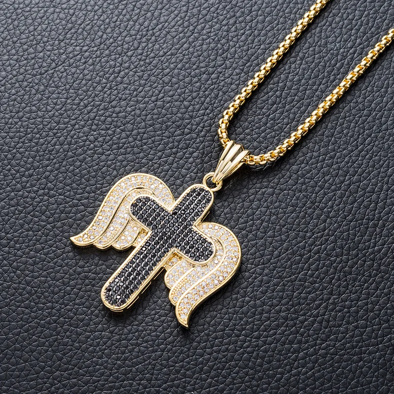

Hip Hop Micro Paved Black White AAA Cubic Zirconia Bling Ice Out Gold Angel Wing Cross Pendants Necklace for Men Rapper Jewelry