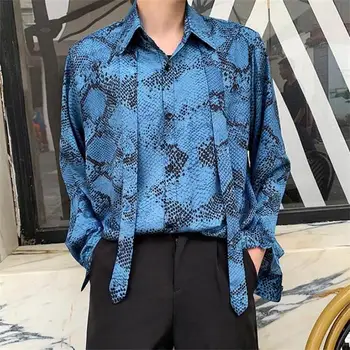

Autumn bow tie blue loose long sleeves men shirts snake pattern streetwear casual high quality homme blouses