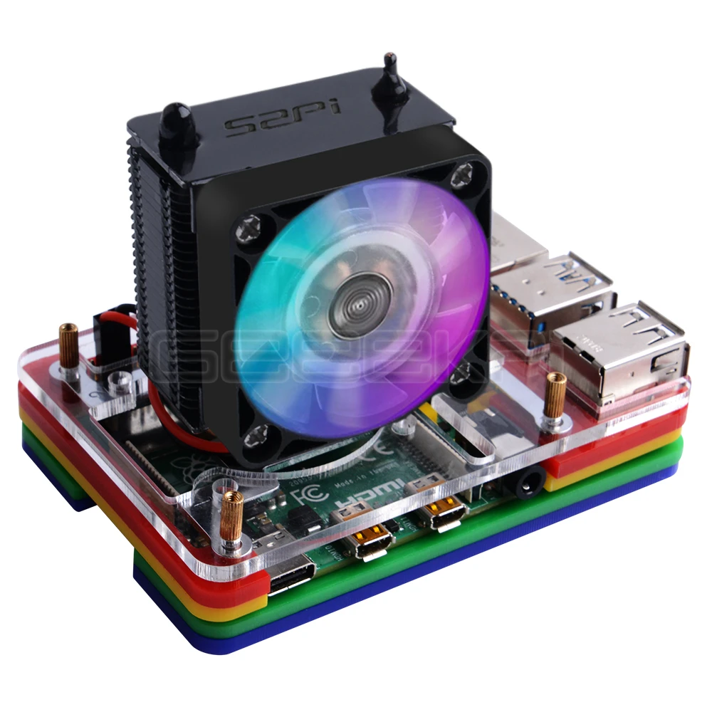 Fan and Color case GeeekPi прозрачный черный лед башня охлаждения вентилятор V2.0 супер 7 цветов светильник кронштейн 5-Слои акриловый чехол для Raspberry Pi 4B/3B/3B - Цвет: Fan and Color case