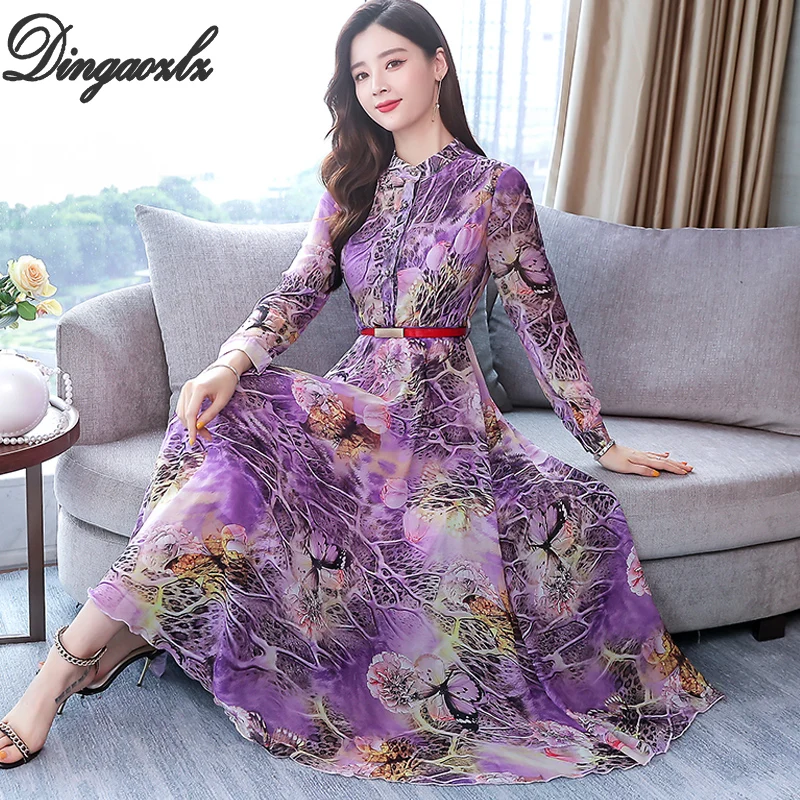 

Dingaozlz New Chiffon Long Dress Autumn 2019 Long sleeve Women dress Slim Vestidos Plus size Printed dress