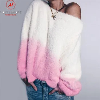 

Women Autumn Winter Hoodies Color Matching Design O-Neck Long Sleeve Gradient Print Top Lady Casual Pullovers Plush Shirts