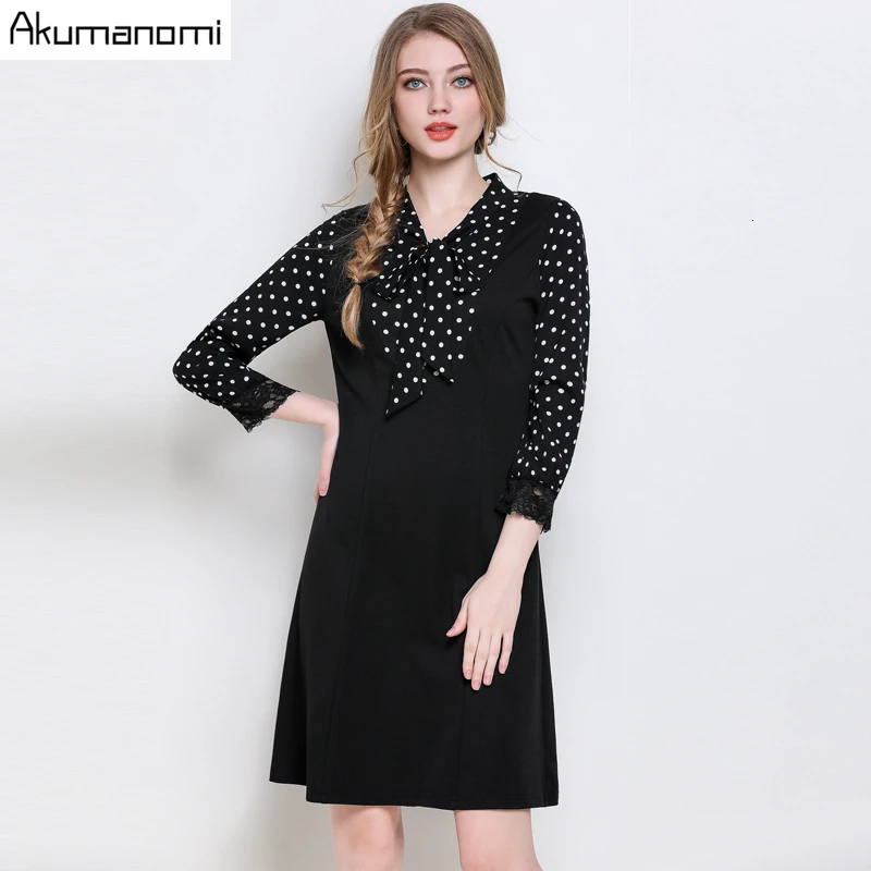 

Autumn Dot Patchwork Dress Women Plus Size 5xl Casual Black Bow Wrist Sleeve Spring Office Party Dress Vestidos Jurk Robe Shein