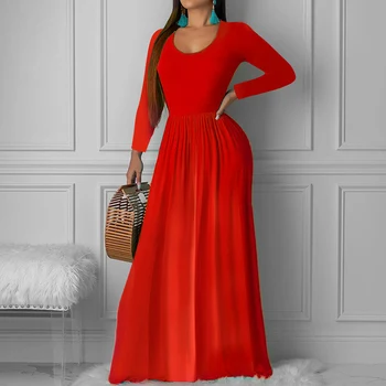 

Long Sleeve Corset Waist Long Dress Autumn Plus Size Women Fit And Flare Dress Red Black Elegant Pleated Party Sexy Maxi Dress