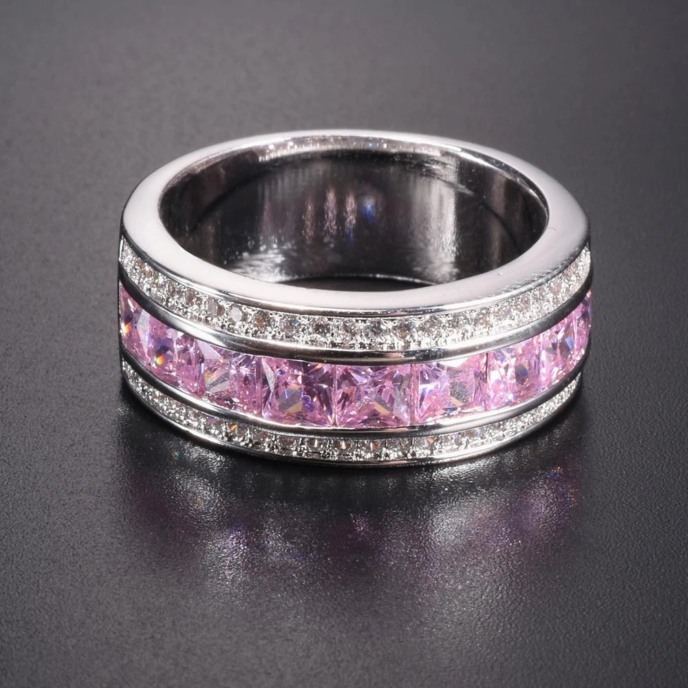 Men S Deluxe 10k White Gold Princess Cut Pink Diamond Crystal Gemstone Band Ring Wedding Rings For Men Women Jewelry Rings Aliexpress