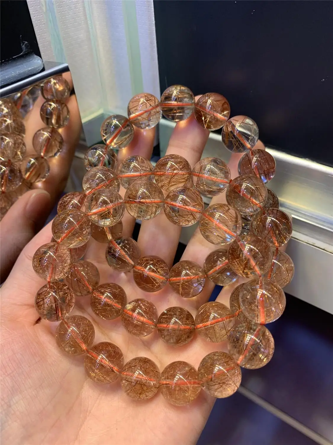 

14mm Natural Brazil Copper Rutilated Quartz Hair Crystal Stretch Round Beads Powerful Bracelet Fashion Woman Man Jewelry AAAAA