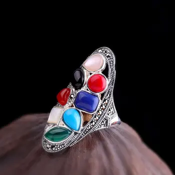

Solid 925 sterling silver with natural stone mother of pearl turquoise rings thai silver Ring for women Retro fine Jewelry