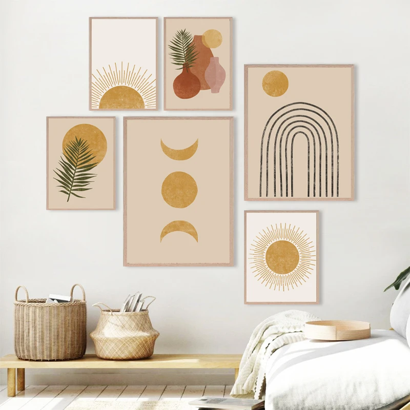Boho Wall Art Canvas Painting Sun Moon Plants Prints Abstract Terracotta Gallery Pictures Nordic Posters Living Room Decor | Дом и сад