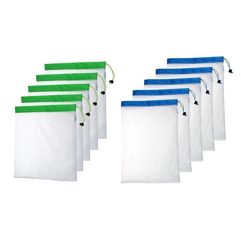 Practical 10Pcs Polyester Washable Reusable Produce Bags, Eco-Friendly Lightweight Vegetable Drawstring Storage Net Bag- 5Pcs 3