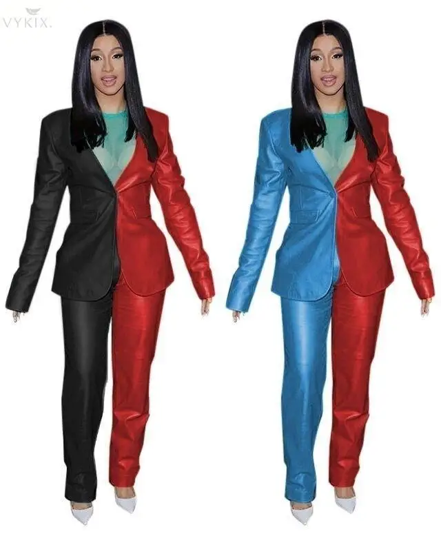 

Korean Style New Women Set Pu Leather Full Sleeve Blazers Patchwork 2 Piece Set Women Tracksuit Office Lady Night Club Outfits