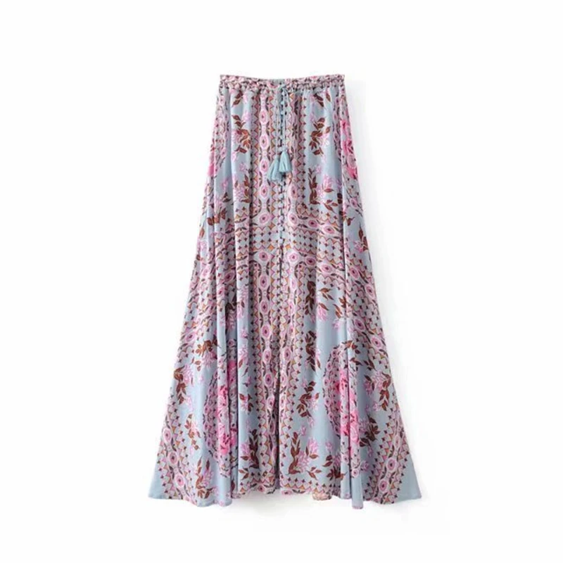 Винтажная шикарная летняя хиппи Для женщин цветочный принт пляжная юбка в стиле бохо сетка Милая богемная вискоза длинная юбка макси для женщин