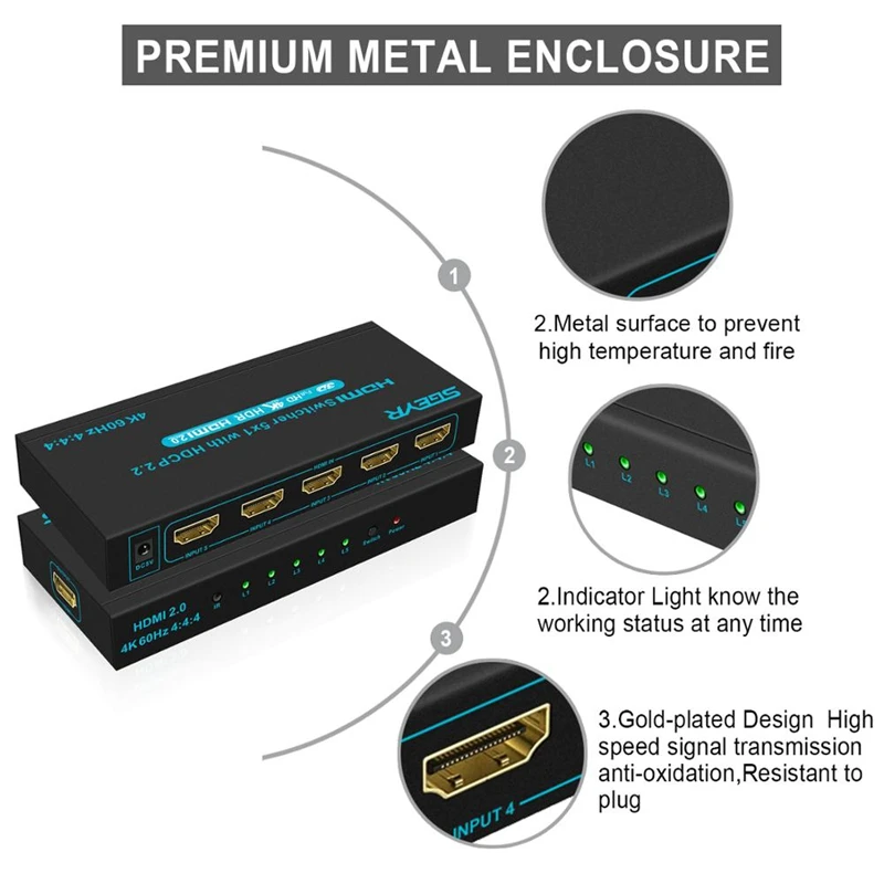 5x1 HDMI переключатель 2,0 4K HDMI адаптер переключатель 5 портов HDR ИК пульт HDMI коммутатор 2,0 HDCP 2,2, Full HD/3D/PS4/DVD/Xbox/проектор