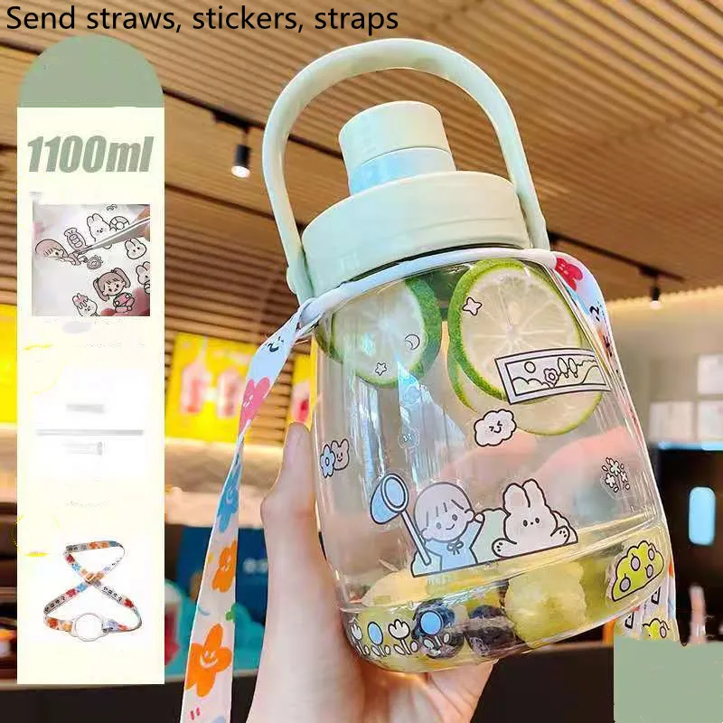 

Plastic straw water cup strap outdoor sports bottle large capacity portable