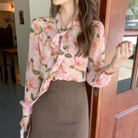 Top Femme 2021 Spring Chiffon Shirt Floral Blouse Bow Tie Ribbon Long-sleeved Shirt Vintage Clothes Women Blouse Pink Flowers 1