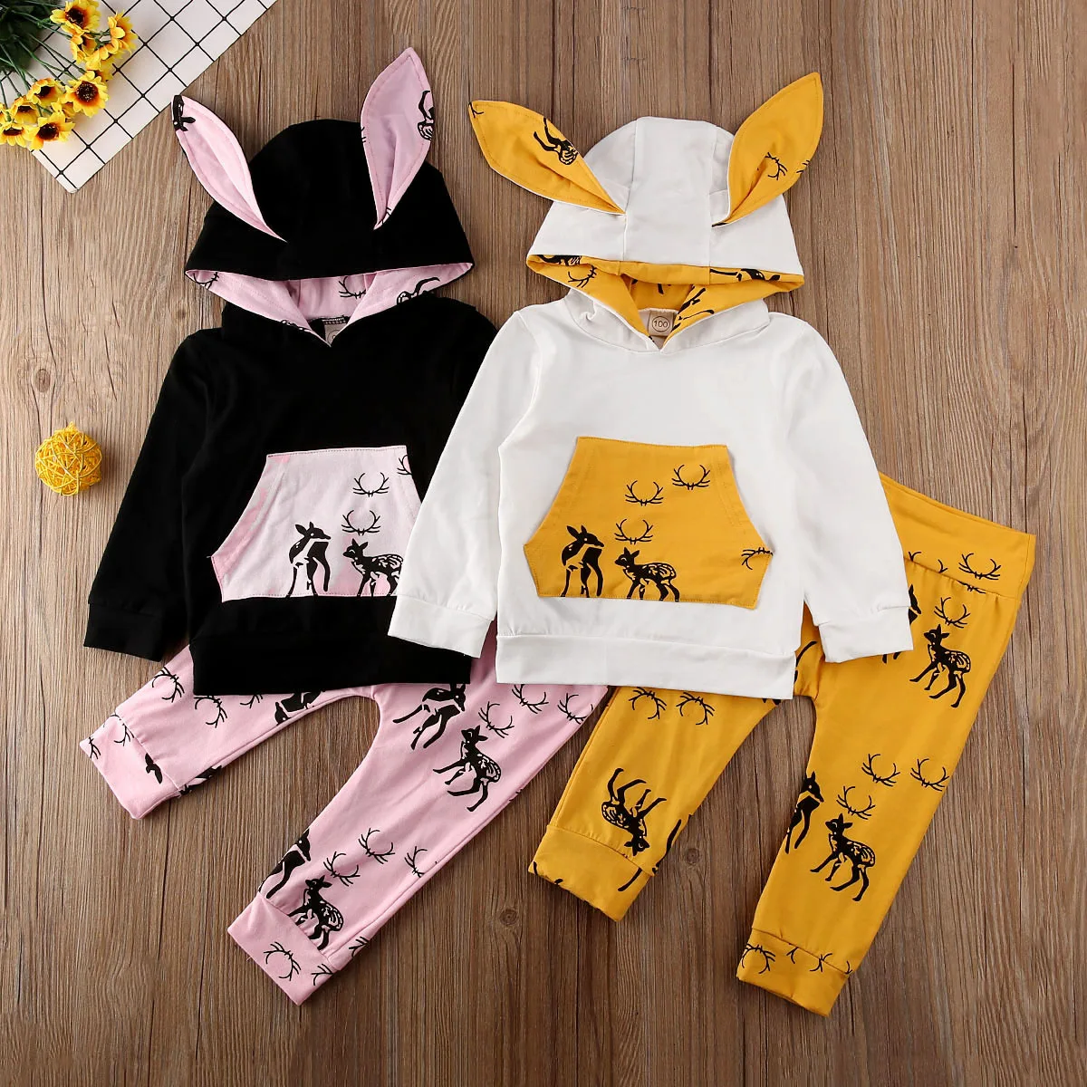 Рождественский комплект одежды из 2 предметов для новорожденных мальчиков и девочек, футболка с длинными рукавами и капюшоном топы+ штаны, наряды кролика, комплект на возраст от 6 до 24 месяцев