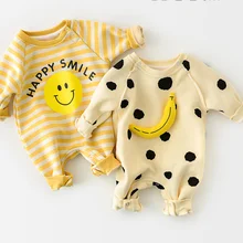 Korean Version of Ins Infant Men and Women Baby Polka Dot Banana Striped Smiling Face Thickened Long-sleeved One-piece