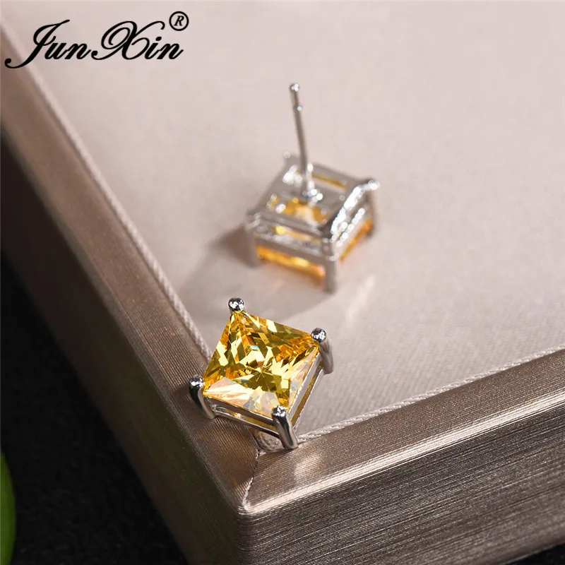 Vintage Yellow Crystal Princess Square Stud Earrings Geometric Zircon Stone Wedding Earrings For Women Stacking Ear Studs