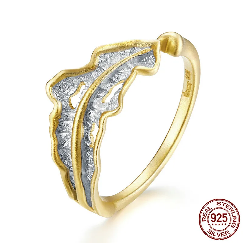

MYBEBOA Vintage Fallen Leaf Open Finger Ring 925 Sterling Silver Engrave Pattern Rings for Women Gold Color Jewelry