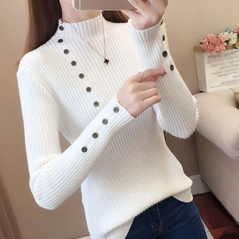 

2020 Women Autumn Knitted Slim Sweaters Solid Knitted Female Cotton Soft Elastic Color Pullovers Button Full Sleeve Turtleneck