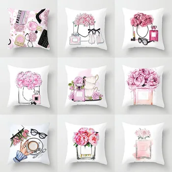 

4pcs 18inch Square Luxury perfume bottle high heel shoes pattern pink girl cushion cover for home sofa room car decoration gift