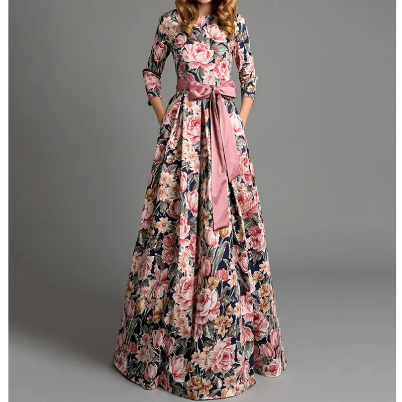 

2019 Autumn Spring Women Bohemian Floral Retro Maxi Dress Wedding Party Fashion Sweet Long Dress