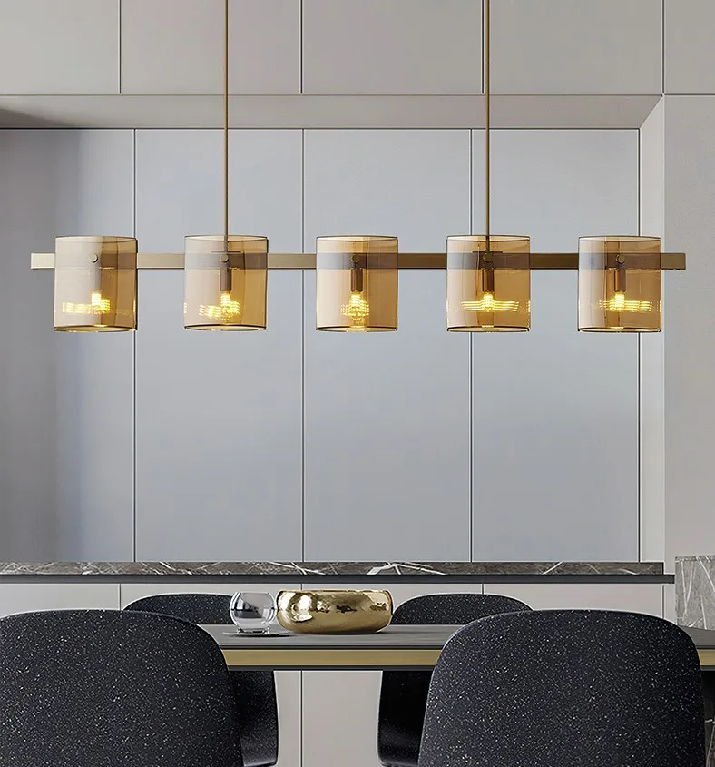 

Dining Room LED Chandelier Lighting Amber/Smoky Glass Modern Creative Hanging Lamp Simple Restaurant Coffee Shop Long Fixtures